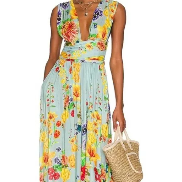 Agua Bendita Florence Bouk Multiway Jumpsuit Floral Blue Yellow Size Medium - Picture 3 of 10